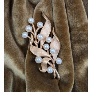 Vintage Trifari Faux Pearl Brooch Gold Tone Leaf Spray Signed Mid Century Design